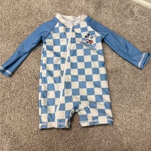 Disney Blue and White Checkered One-Piece Swimsuit with Mickey Graphic